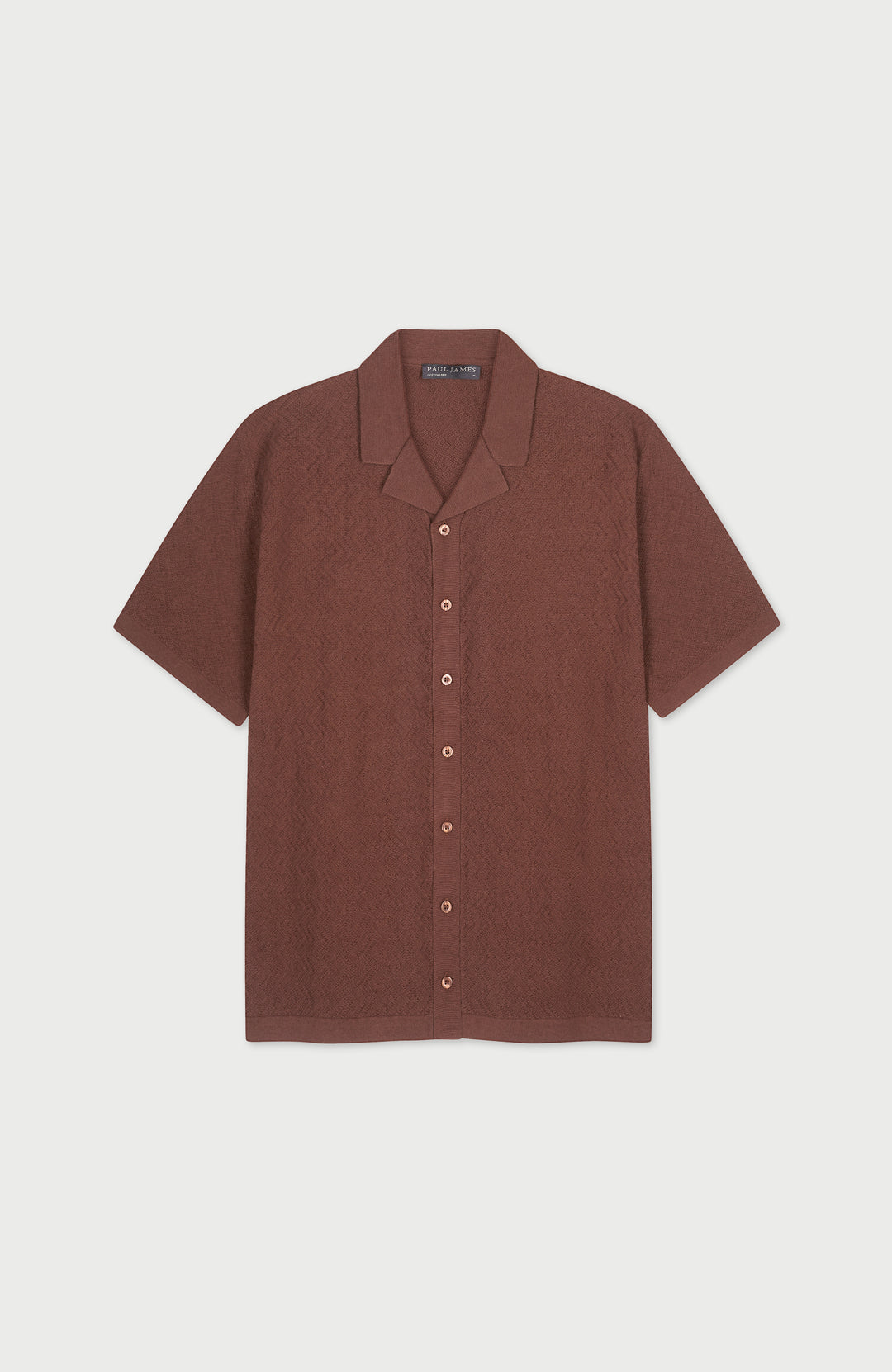 Men's brown textured cotton linen summer resort shirt by Paul James Knitwear.