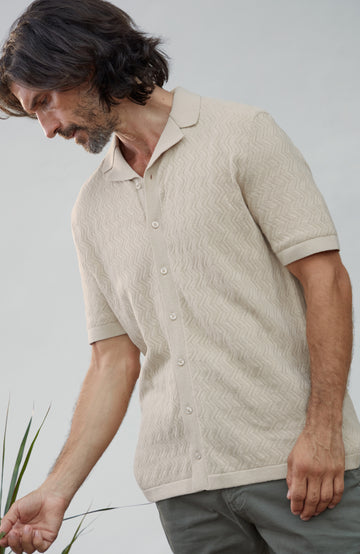 Made by Paul James Knitwear in cotton linen. Shirt, summer racking, knit stitch detail