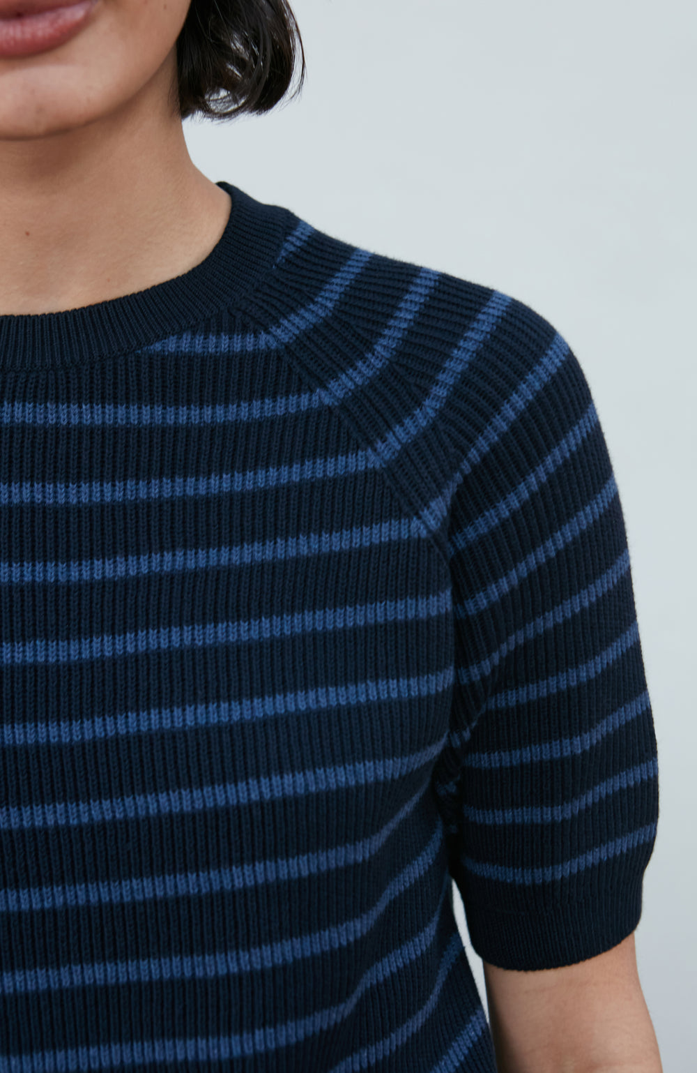 Women's navy rib cotton striped Breton T-shirt by Paul James Knitwear 