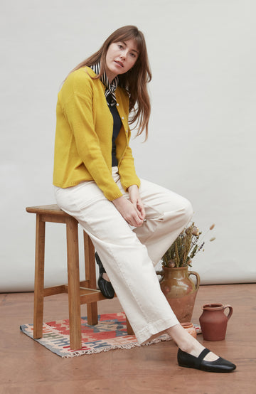 stripe neckerchied with yellow wool cardigan by Paul James