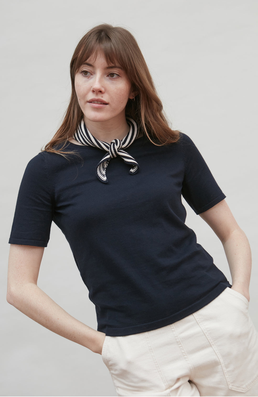 stripe neckerchief with navy t-shirt by Paul James
