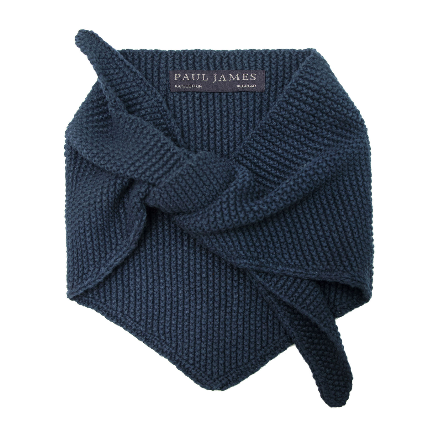 Blue knitted scarf with a bow on a white background, branded 'Paul James'.