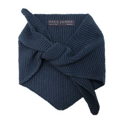 Blue knitted scarf with a bow on a white background, branded 'Paul James'.