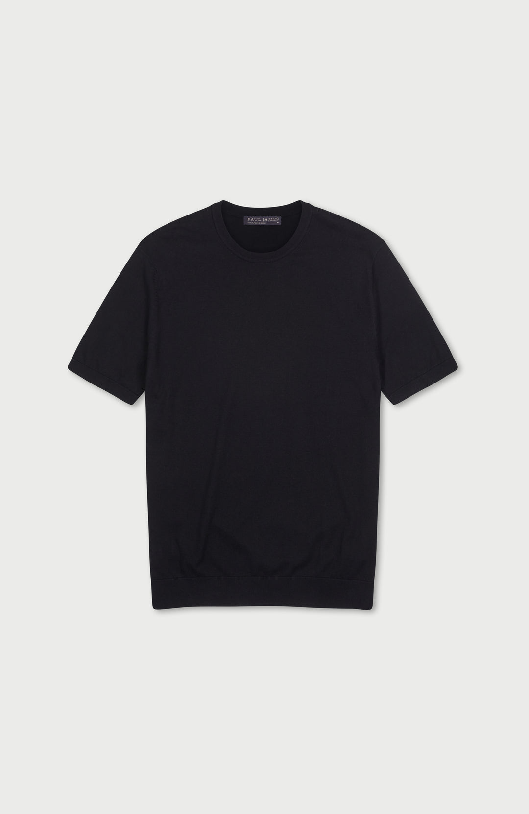black premium knitted cotton t-shirt with a ribbed hem and cuff by Paul James Knitwear