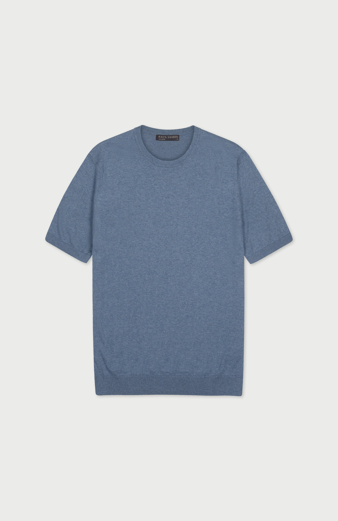 Denim blue premium knitted cotton shirt with a ribbed hem and cuff by Paul James Knitwear
