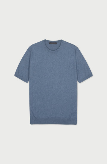 Denim blue premium knitted cotton shirt with a ribbed hem and cuff by Paul James Knitwear
