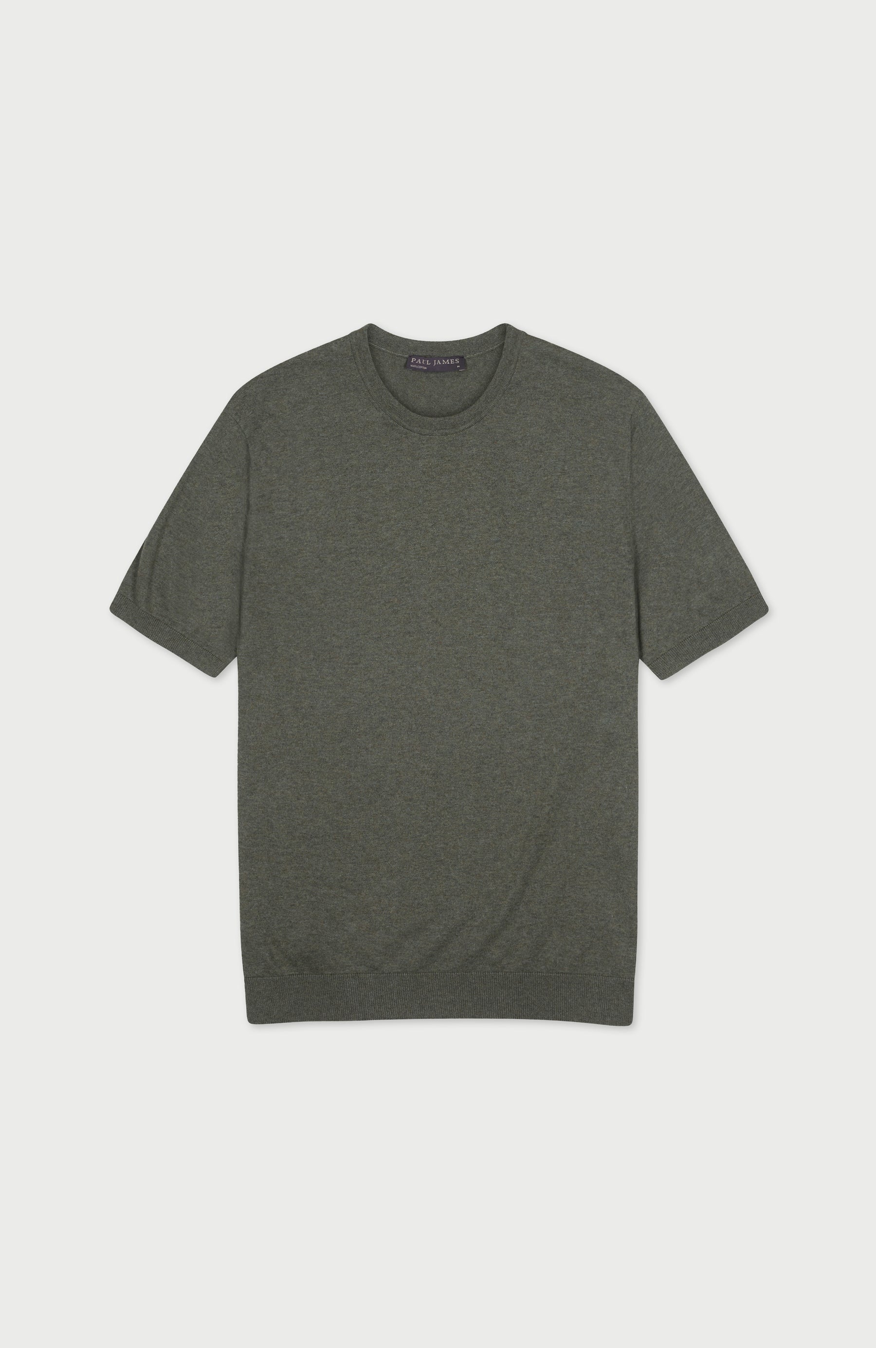 green premium knitted cotton t-shirt with a ribbed hem and cuff by Paul James Knitwear