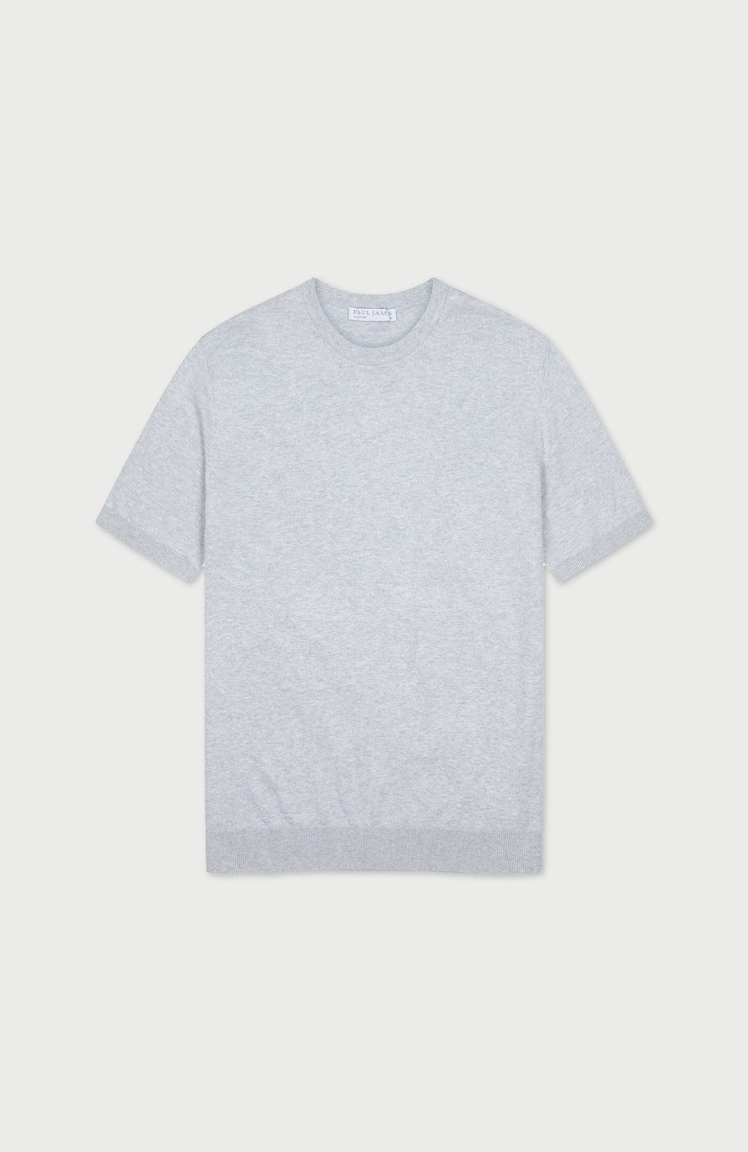 A light grey short-sleeve knit crewneck t-shirt by Paul James Knitwear, shown flat against a light grey background.