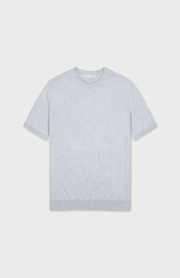 A light grey short-sleeve knit crewneck t-shirt by Paul James Knitwear, shown flat against a light grey background.