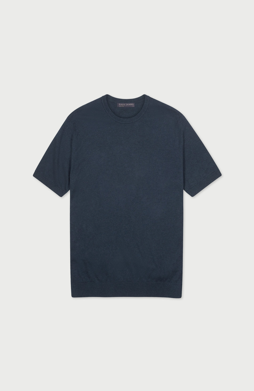 midnight navy premium knitted cotton t-shirt with a ribbed hem and cuff by Paul James Knitwear