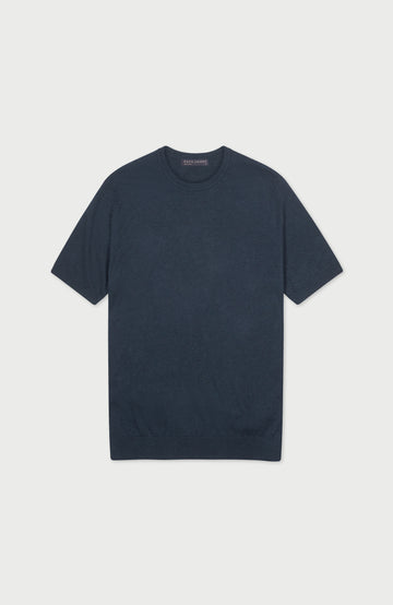midnight navy premium knitted cotton t-shirt with a ribbed hem and cuff by Paul James Knitwear