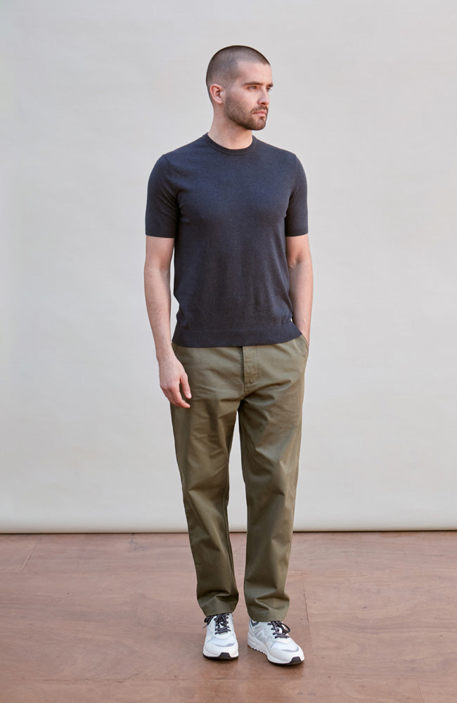 midnight navy premium knitted cotton t-shirt with a ribbed hem and cuff by Paul James Knitwear