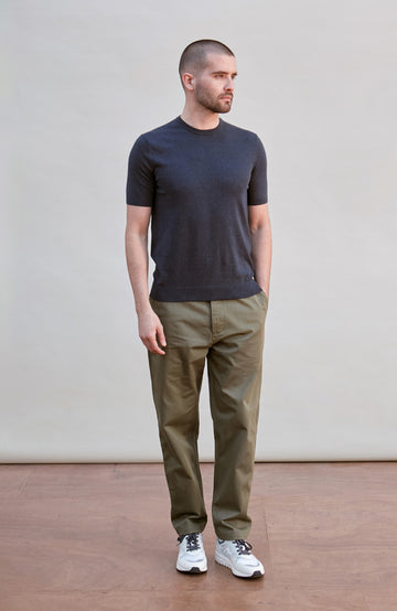 midnight navy premium knitted cotton t-shirt with a ribbed hem and cuff by Paul James Knitwear