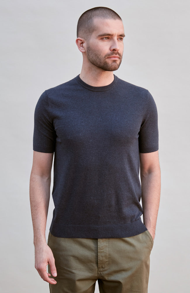 midnight navy premium knitted cotton t-shirt with a ribbed hem and cuff by Paul James Knitwear