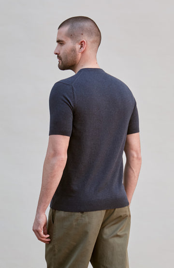 midnight navy premium knitted cotton t-shirt with a ribbed hem and cuff by Paul James Knitwear