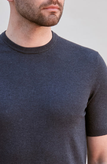 midnight navy premium knitted cotton t-shirt with a ribbed hem and cuff by Paul James Knitwear