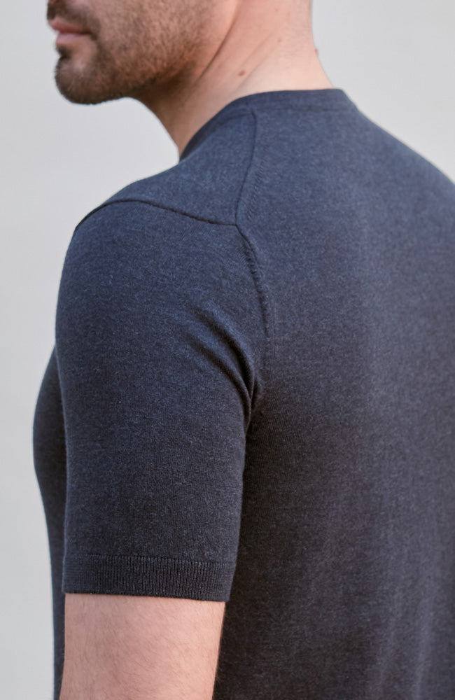 midnight navy premium knitted cotton t-shirt with a ribbed hem and cuff by Paul James Knitwear