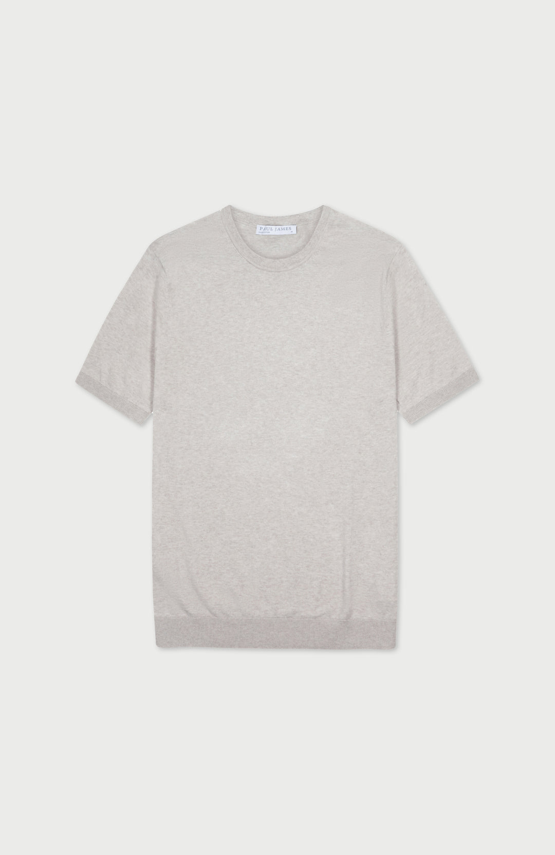 A light gray short-sleeve crewneck knit sweater, shown flat against a light gray background.