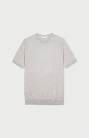 A light gray short-sleeve crewneck knit sweater, shown flat against a light gray background.