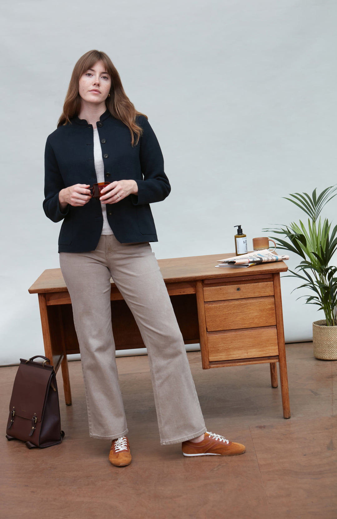 Womens Midweight Cotton Knitted Nehru Jacket
