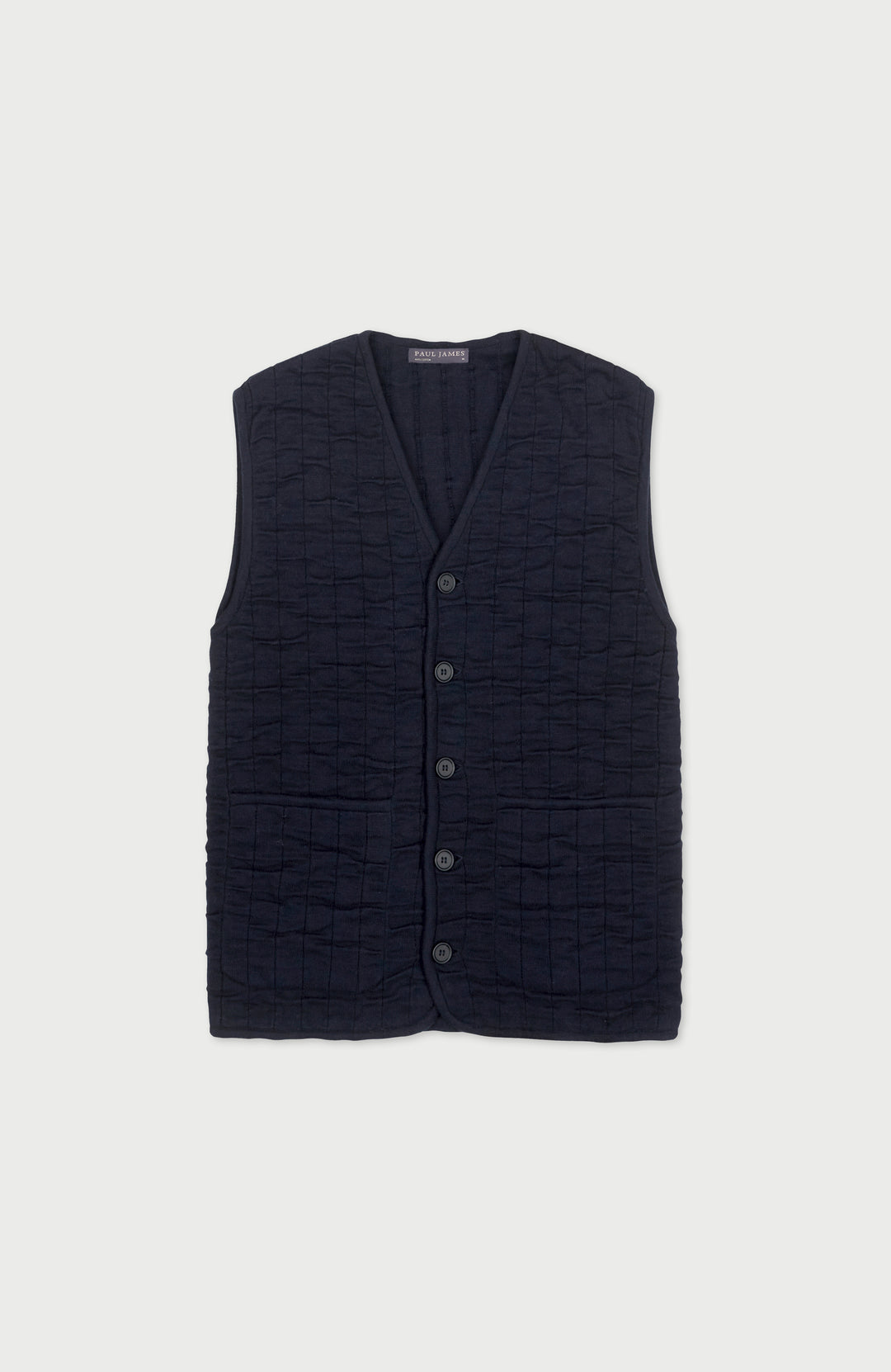 navy paul james knitted gilet vest with buttons on a light gray background