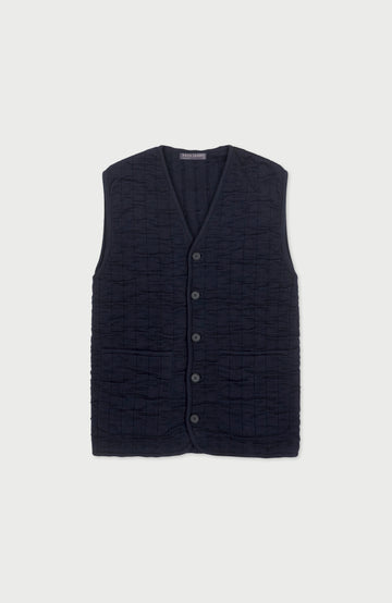 navy paul james knitted gilet vest with buttons on a light gray background