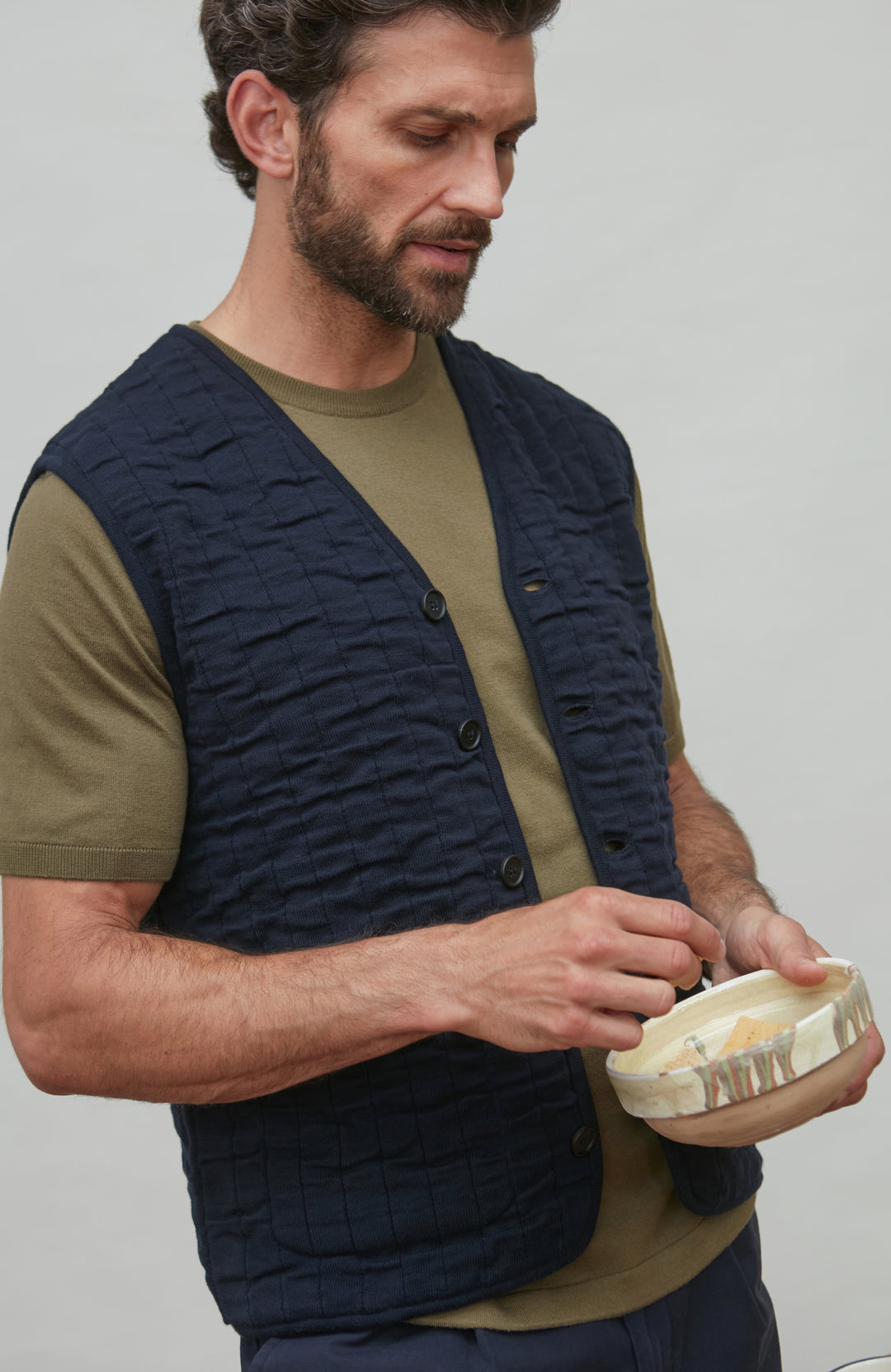navy mens knitted waistcoat by paul james