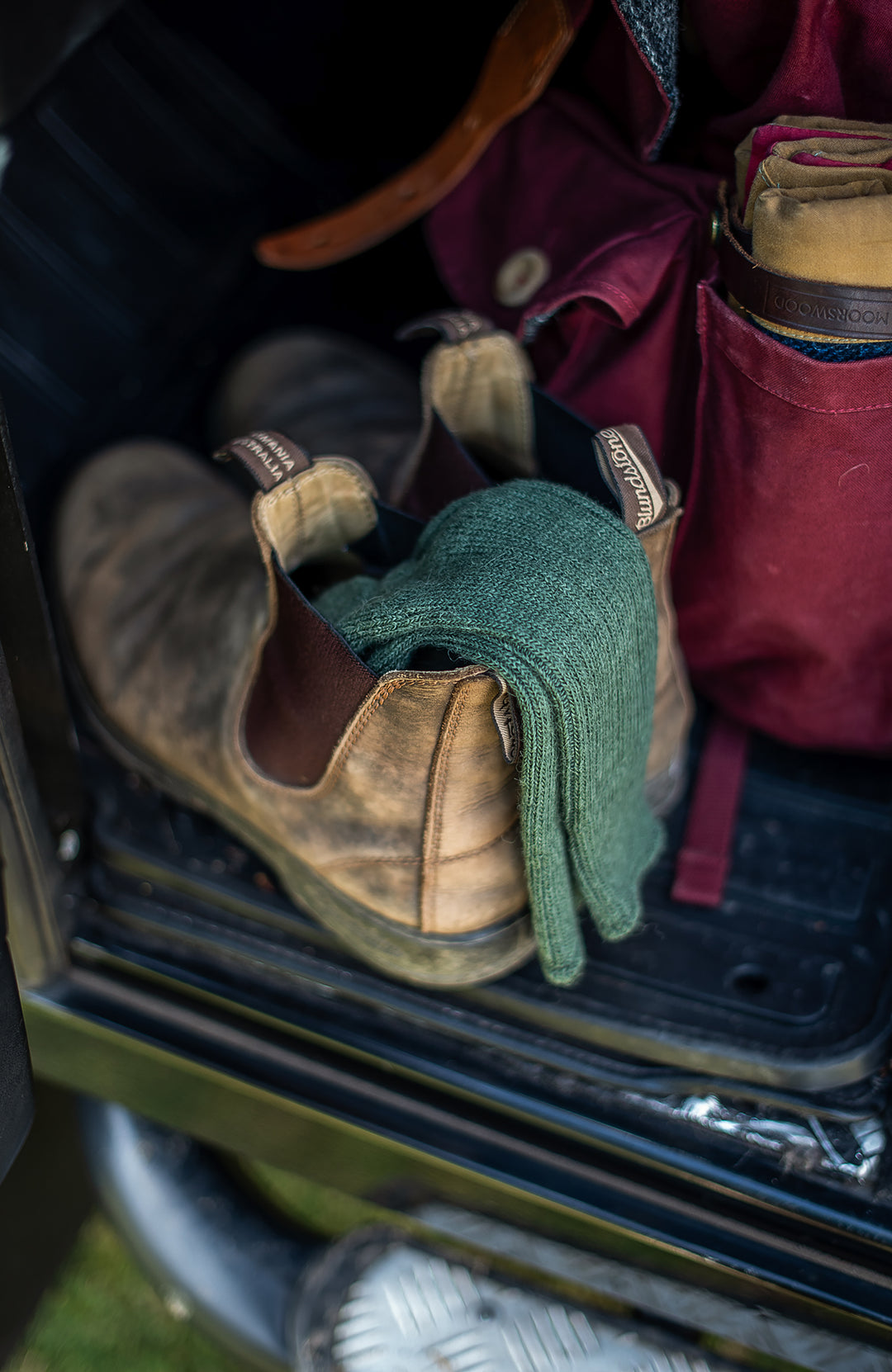 Green alpaca walking sock by Paul James Knitwear, made in England.