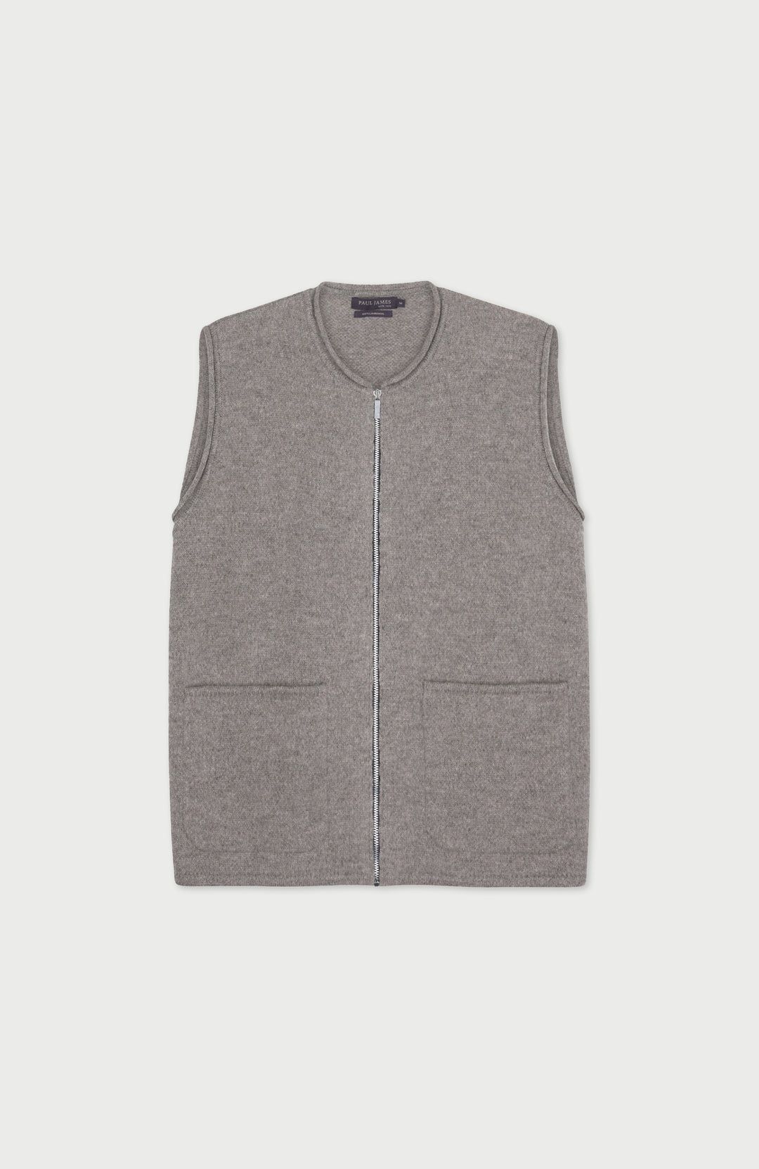 women's Gray wool gilet by paul james with a zipper on a white background