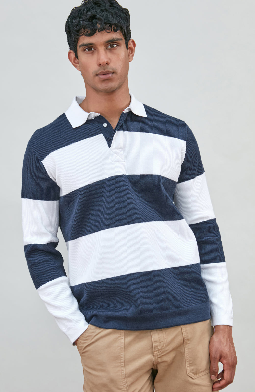 Mens Midweight Cotton Textured Hoops Rugby Shirt