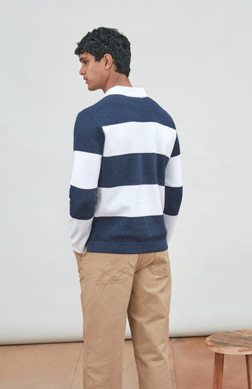 Mens Midweight Cotton Textured Hoops Rugby Shirt