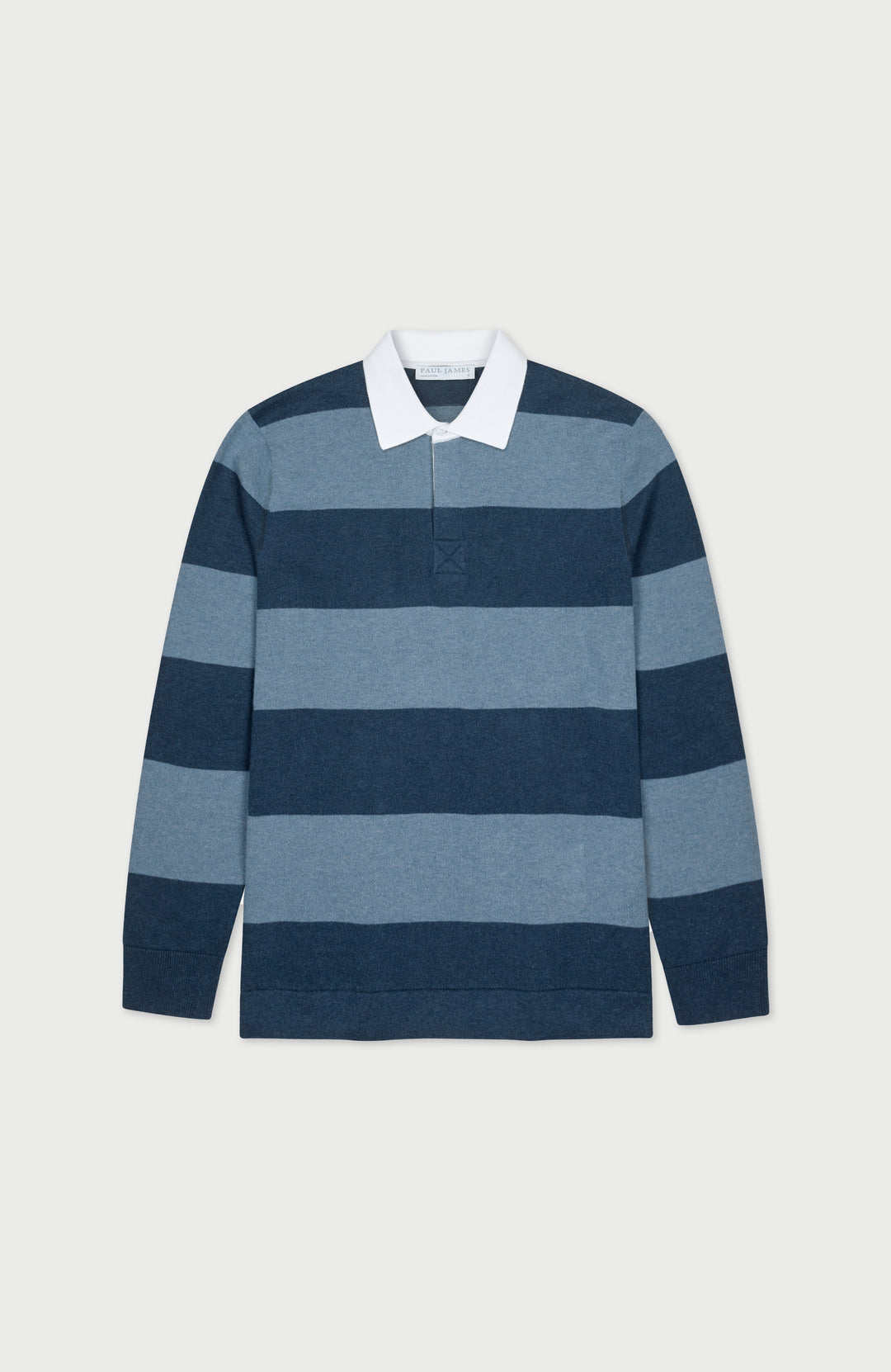 Men's premium knitted striped blue cotton rugby shirts by Paul James Knitwear