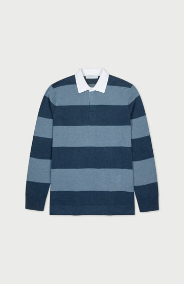 Men's premium knitted striped blue cotton rugby shirts by Paul James Knitwear