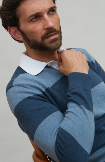 Men's premium knitted striped blue cotton rugby shirts by Paul James Knitwear