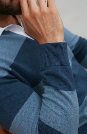 Men's premium knitted striped blue cotton rugby shirts by Paul James Knitwear