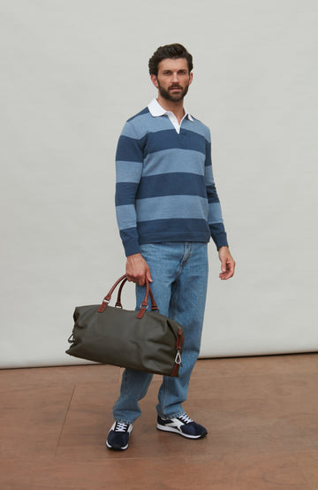 Men's premium knitted striped blue cotton rugby shirts by Paul James Knitwear
