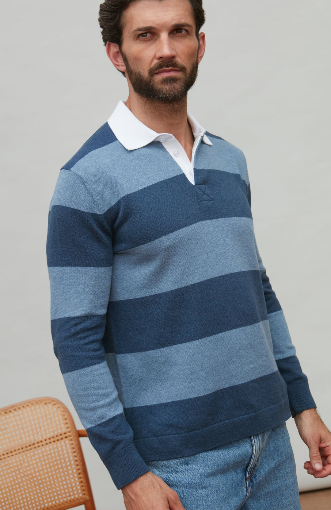 Men's premium knitted striped blue cotton rugby shirts by Paul James Knitwear