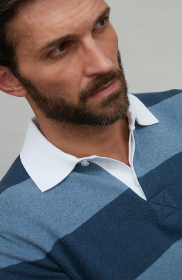 Men's premium knitted striped blue cotton rugby shirts by Paul James Knitwear