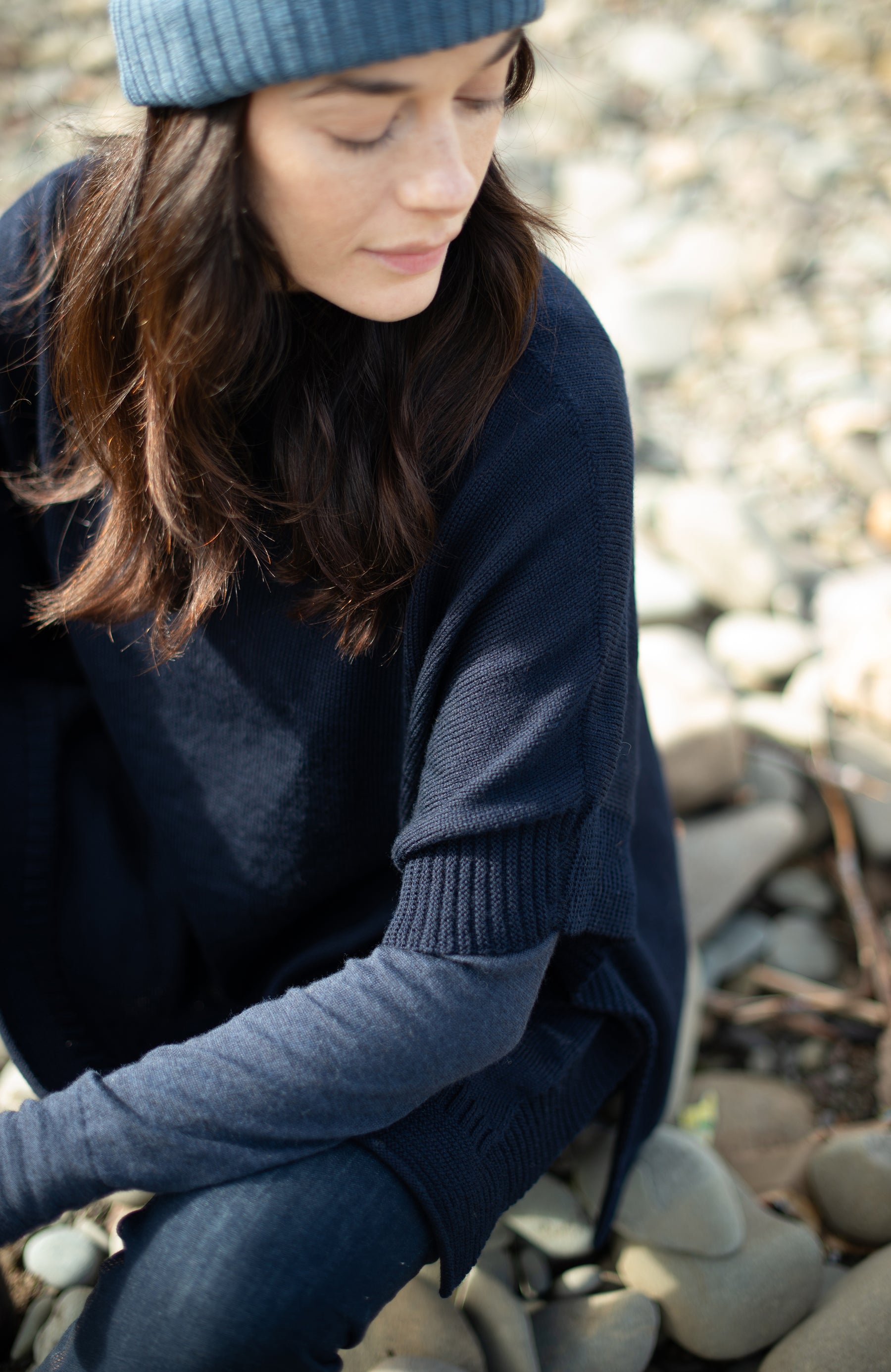 navy womens made in England Wool Poncho. 