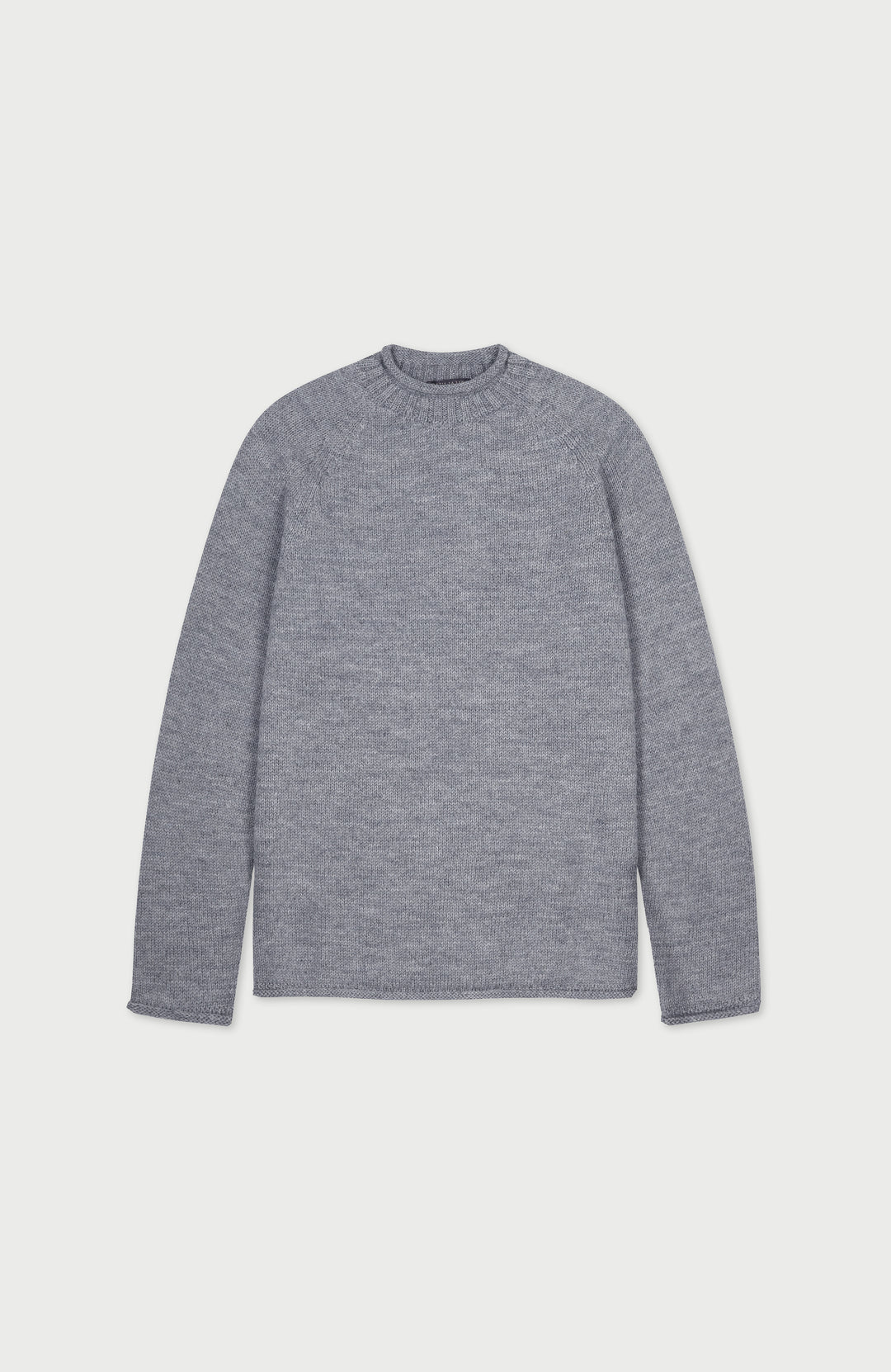 Grey British wool sweater by Paul James Knitwear, crew neck, made in England