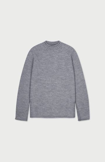 Grey British wool sweater by Paul James Knitwear, crew neck, made in England