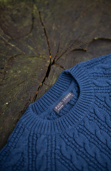 Woman's Blue Chunky Cable Cotton Winter Sweater by Paul James Knitwear