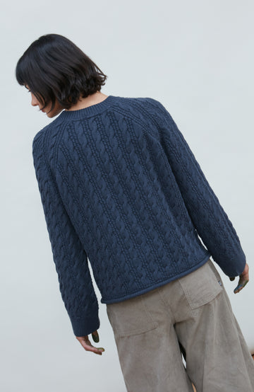 Woman's Blue Chunky Cable Cotton Winter Sweater by Paul James Knitwear