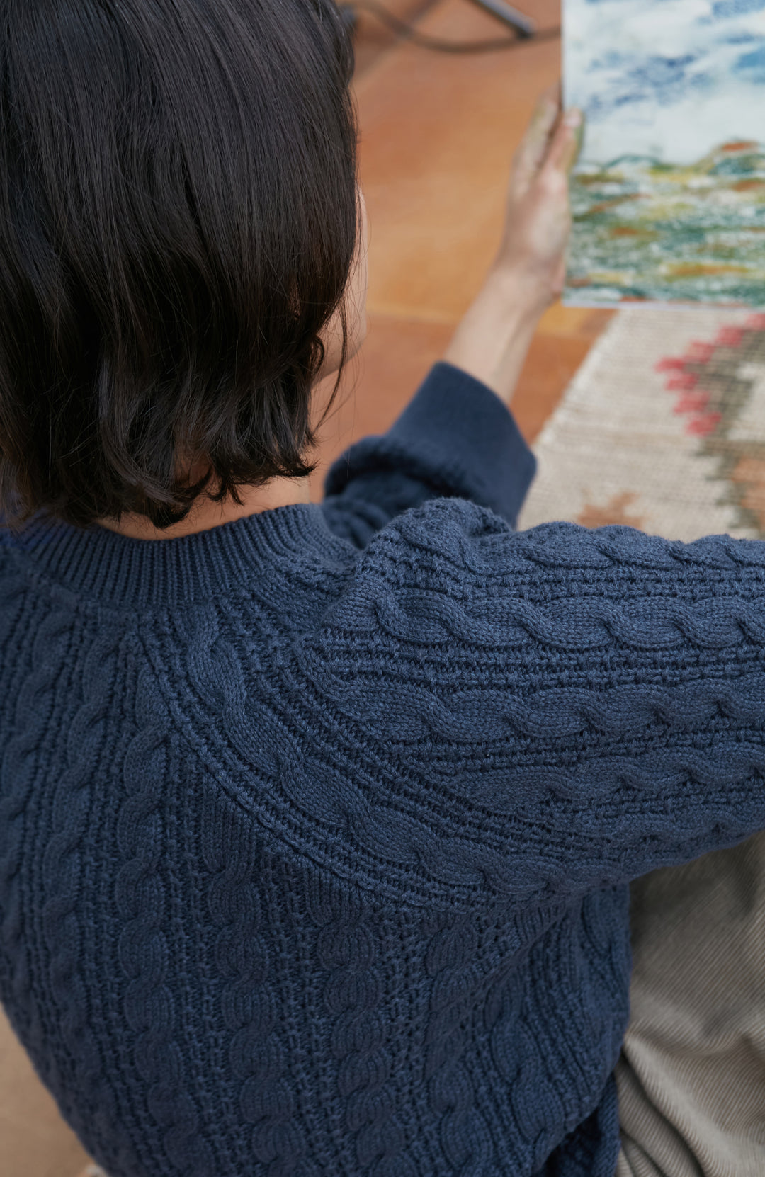 Woman's Blue Chunky Cable Cotton Winter Sweater by Paul James Knitwear