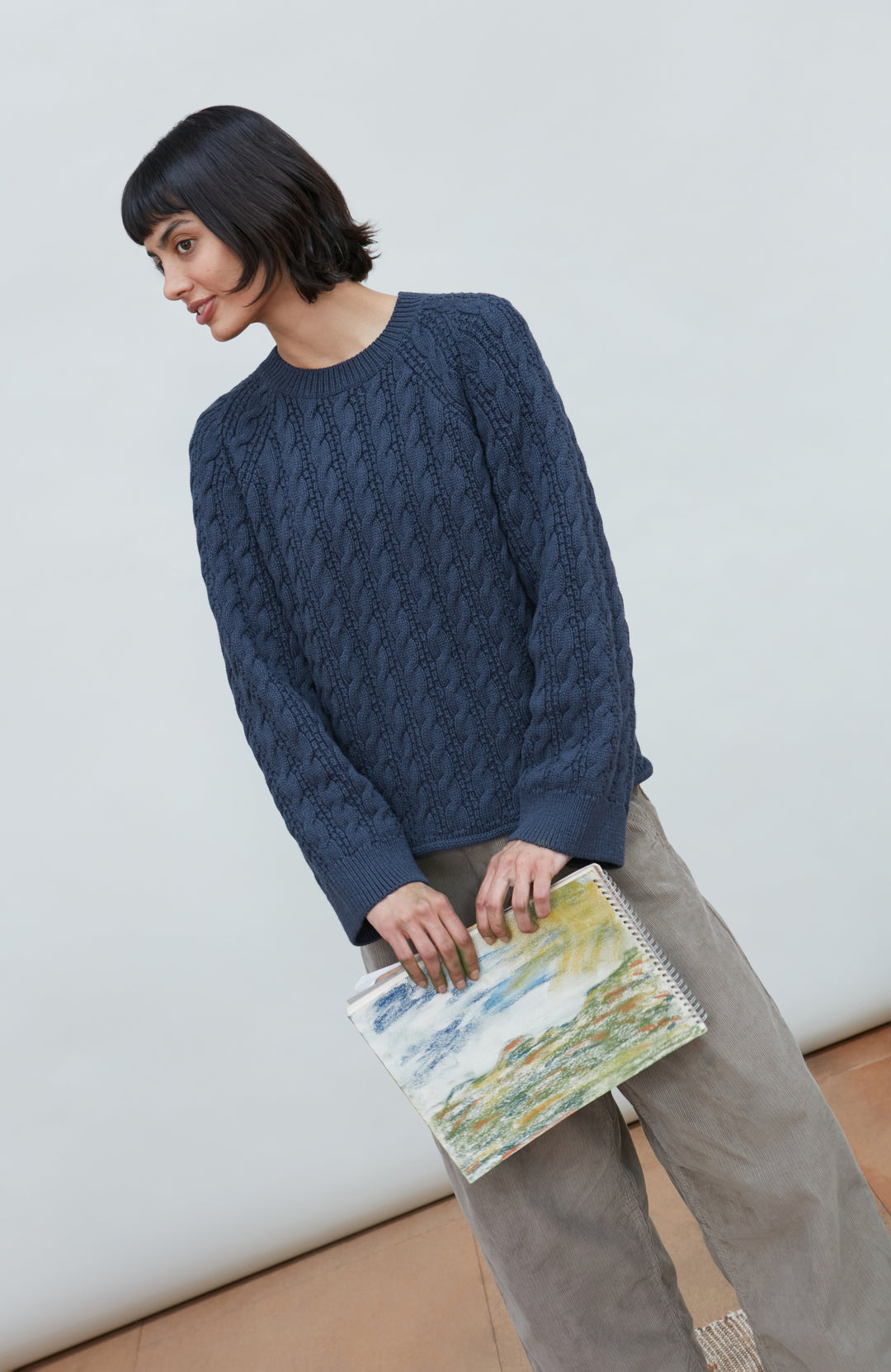 Woman's Blue Chunky Cable Cotton Winter Sweater by Paul James Knitwear