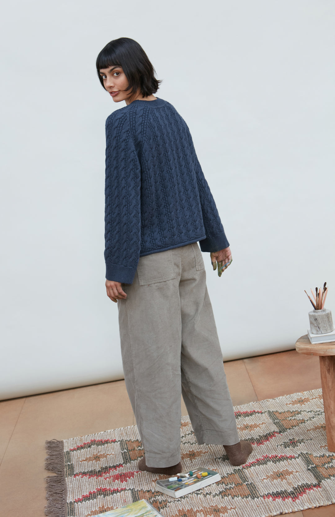 Woman's Blue Chunky Cable Cotton Winter Sweater by Paul James Knitwear