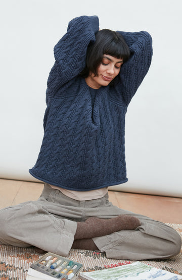 Woman's Blue Chunky Cable Cotton Winter Sweater by Paul James Knitwear