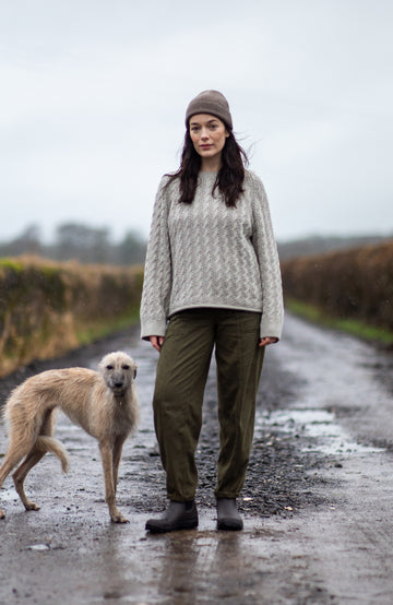 Woman's Grey Chunky Cable Cotton Winter Sweater by Paul James Knitwear