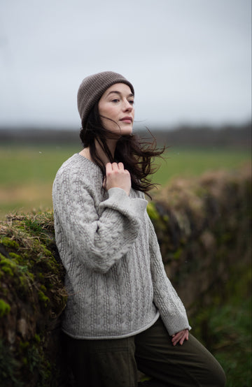 Woman's Grey Chunky Cable Cotton Winter Sweater by Paul James Knitwear