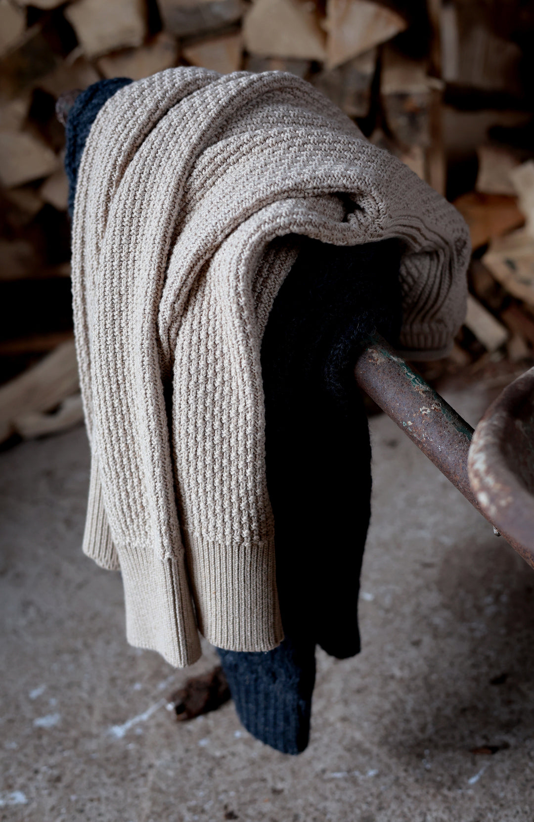 Women's beige moss stitch fisherman's cotton jumper by Paul James Knitwear.
